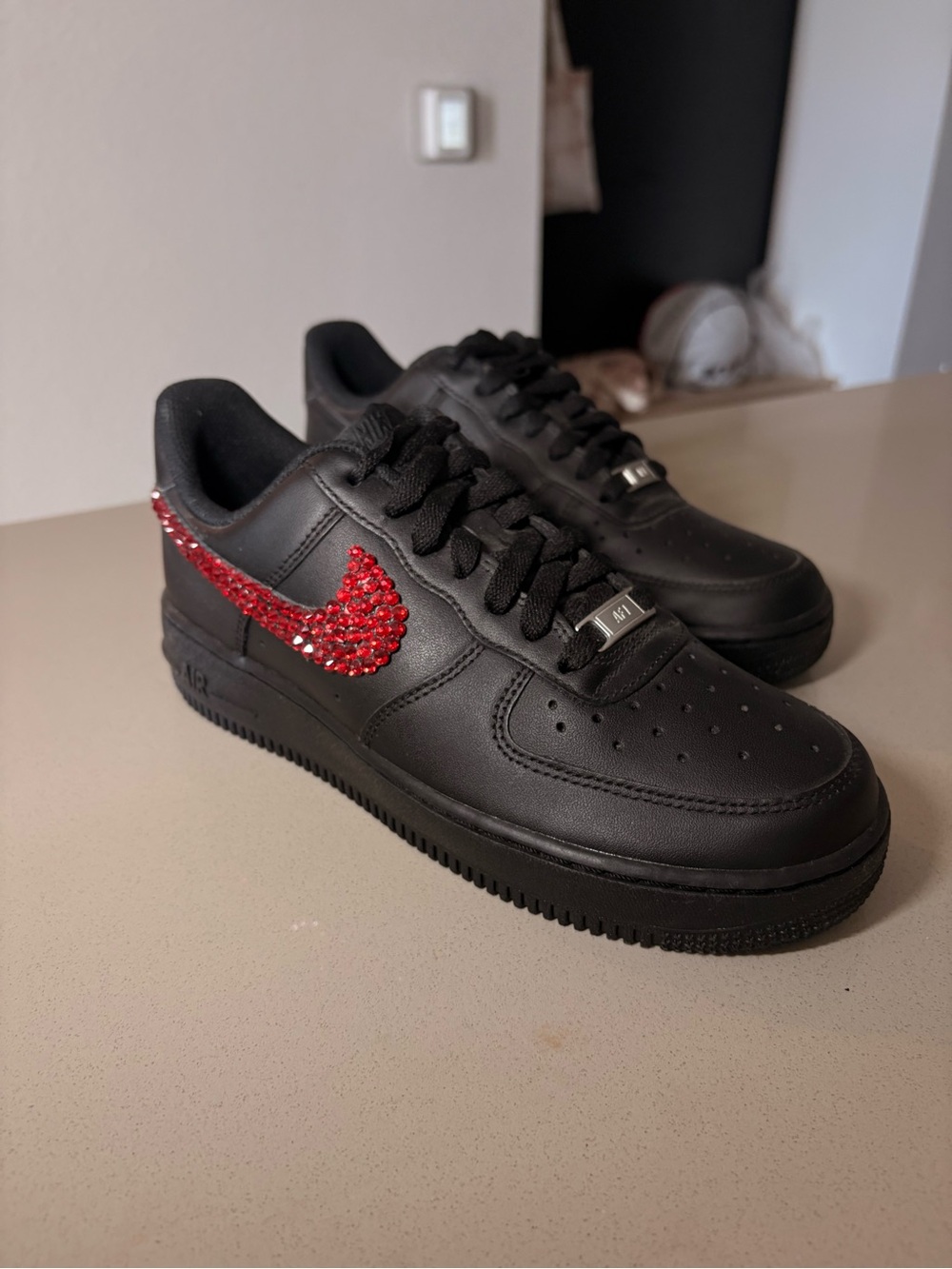 NIKE Air Force Black Low-Top Sneakers with Red SWAROVSKI Crystal Swoosh
